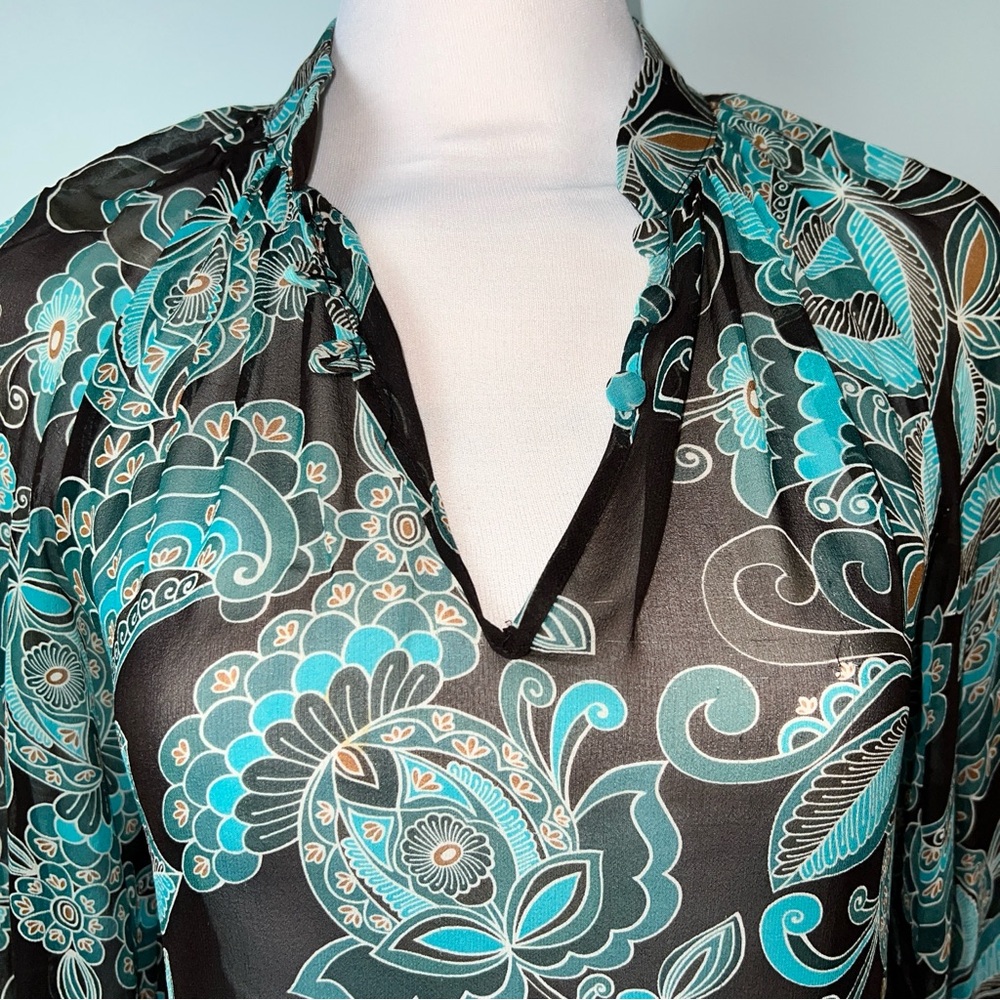 Trina Turk 100% Silk Blouse Black Teal Floral Sheer Long Sleeve Ruffle Size P - Picture 6 of 11